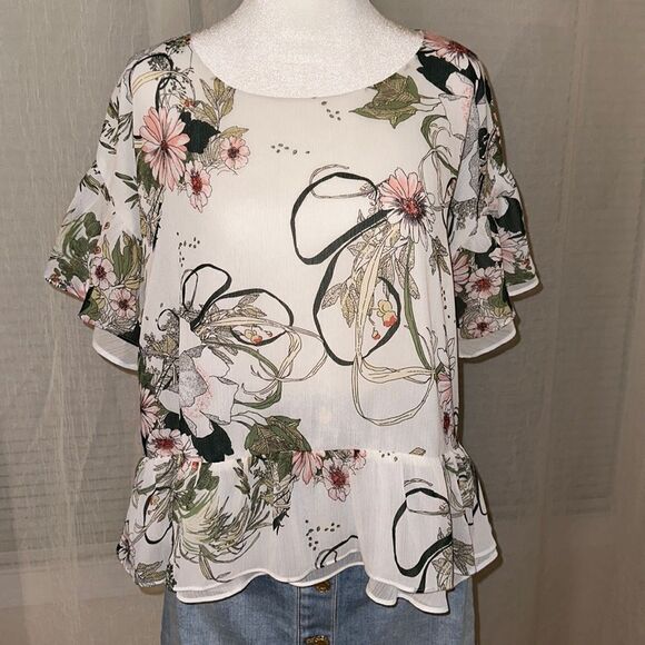 Aritzia L Little Moon Ruffle Sleeve Floral Peplum Blouse White Green - Picture 5 of 16